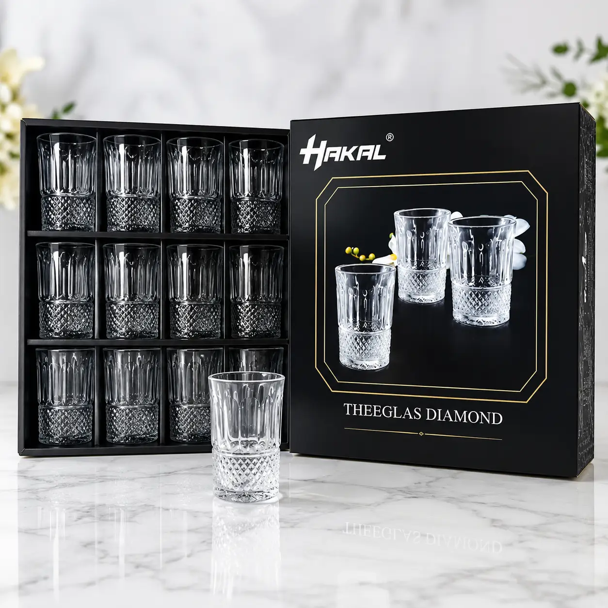 Verres à thé Diamond Hakal 12 pièces avec boîte noire élégante