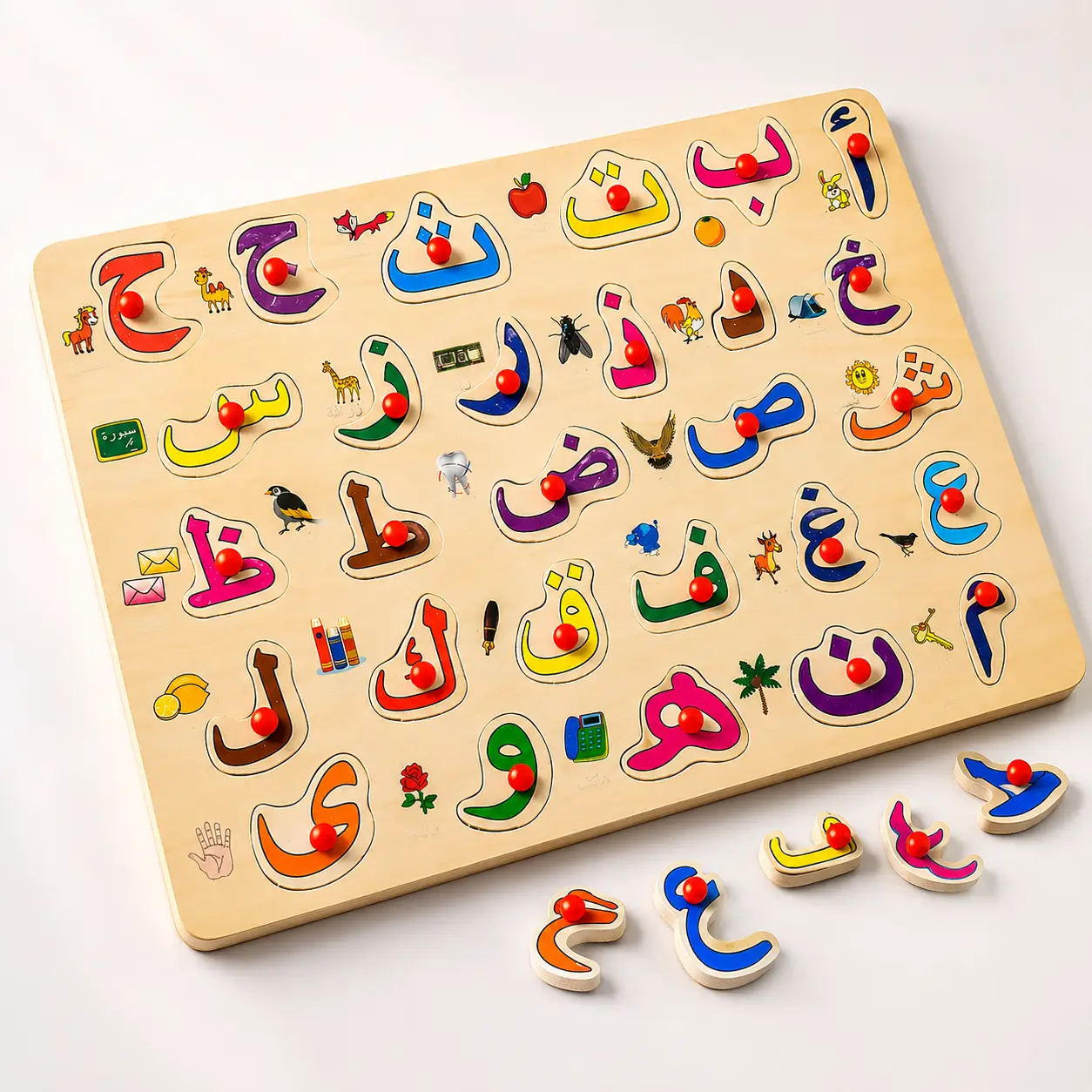 Puzzle alphabet arabe en bois pour enfant avec lettres colorées
